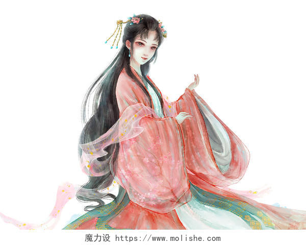 春天春季彩色唯美古风中国风国潮仙女古代女子美女人物PNG素材元素